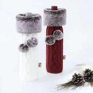 Two UGG Wine Bottle Holder Knit With Faux Fur & Pom Poms in Redwood and Faux Fur